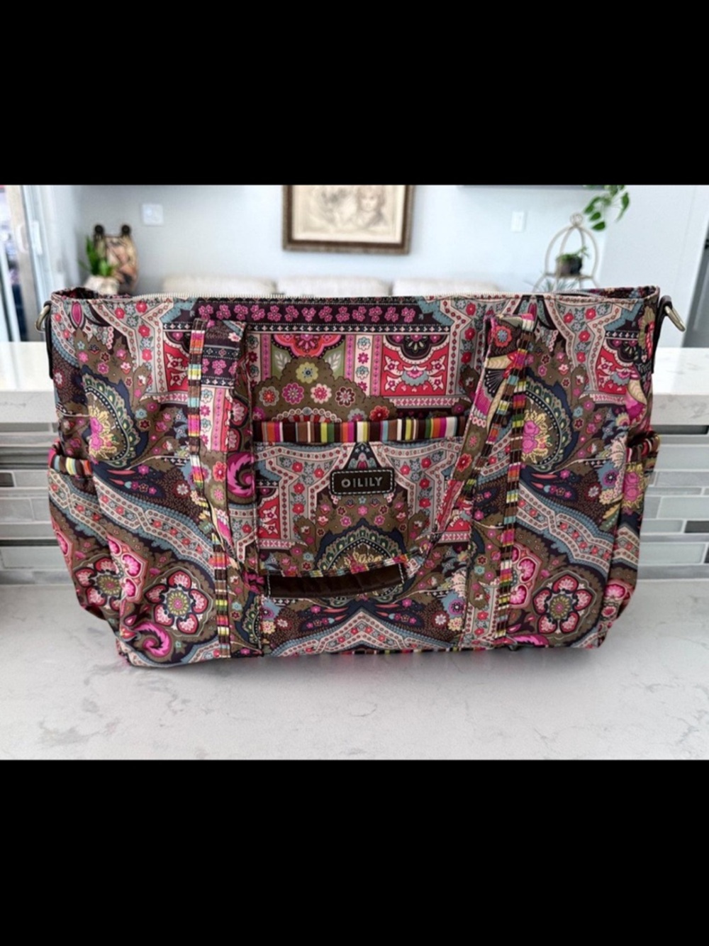 Oilily Large Tote Bag Bohemian Paisley Floral Coated Canvas Multicolor
